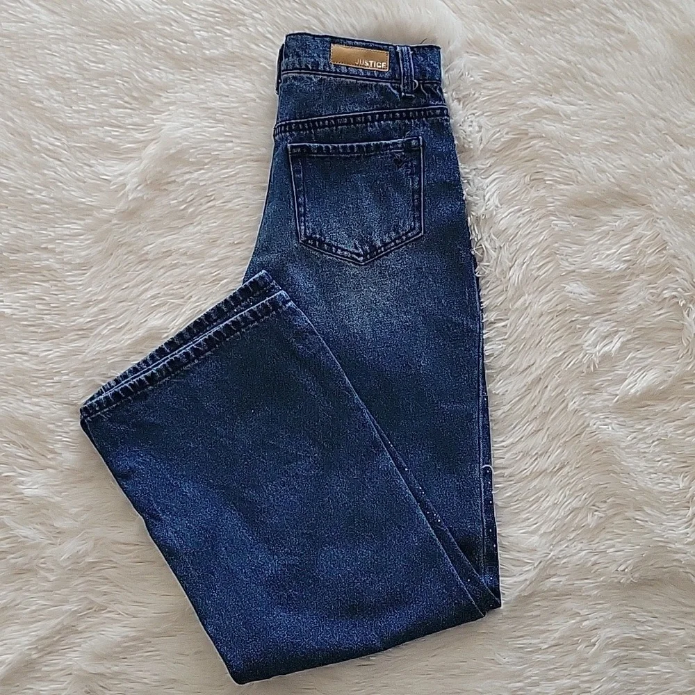Justice Sparkle Rhinestone Wide Leg Dark Wash Girls Jeans Size 12 Slim